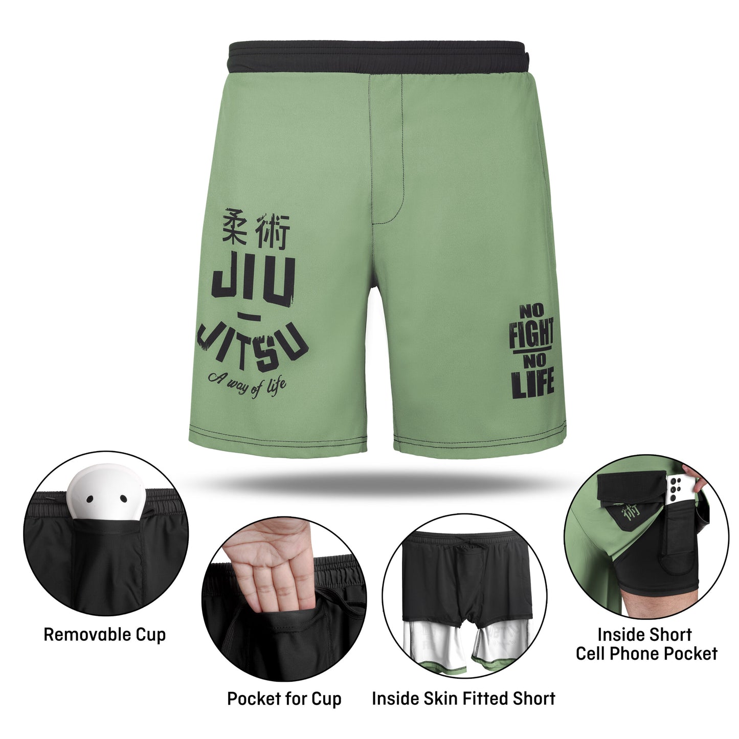Men's MMA, BJJ Short Included Removable Athletic Cup Groin Protection - Olive Green, L image