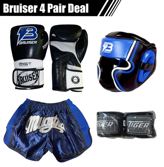 Bruiser 4 pair Deal Muay Thai Head Gear, Boxing Gloves, Thai Short and Hand Wrap Deal image 2