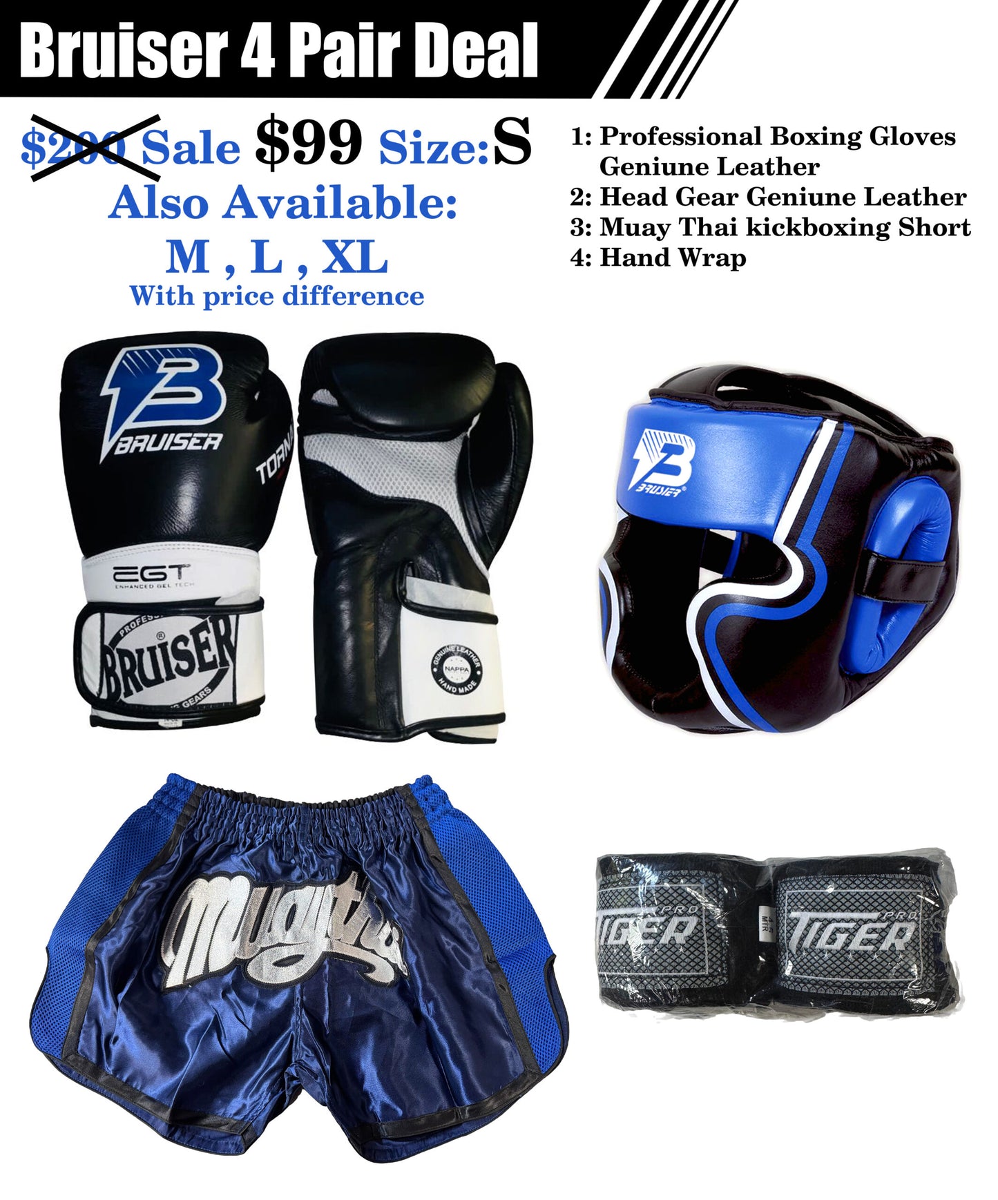Bruiser 4 pair Deal Muay Thai Head Gear, Boxing Gloves, Thai Short and Hand Wrap Deal image 0