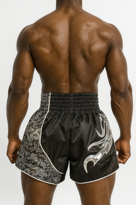 Top King Muay Thai Black Silver Shorts
