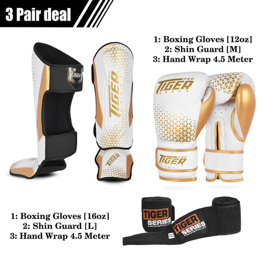 3 pair Deal Muay Thai Shin guard , Boxing Gloves and Hand Wrap Deal image 0