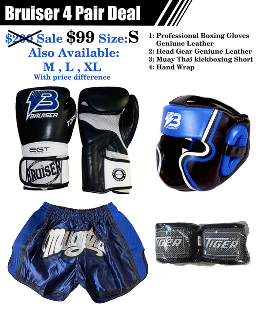 Bruiser 4 pair Deal Muay Thai Head Gear, Boxing Gloves, Thai Short and Hand Wrap Deal image 0