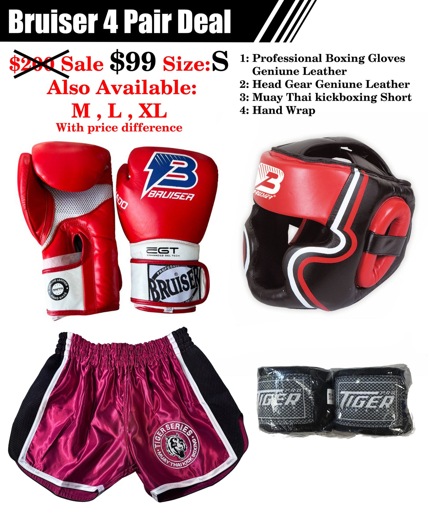 Bruiser 4 pair Deal Muay Thai Head Gear, Boxing Gloves, Thai Short and Hand Wrap Deal image 4