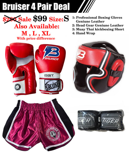 Bruiser 4 pair Deal Muay Thai Head Gear, Boxing Gloves, Thai Short and Hand Wrap Deal image 4