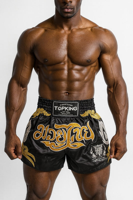 Top King Muay Thai Black Golden Shorts