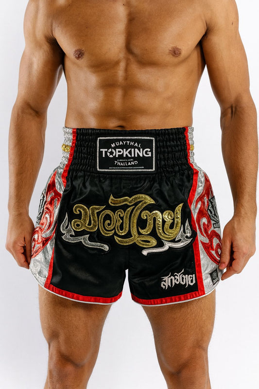 Top King Muay Thai Red Black Gold Shorts