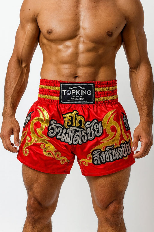Top King Muay Thai Red Golden Shorts
